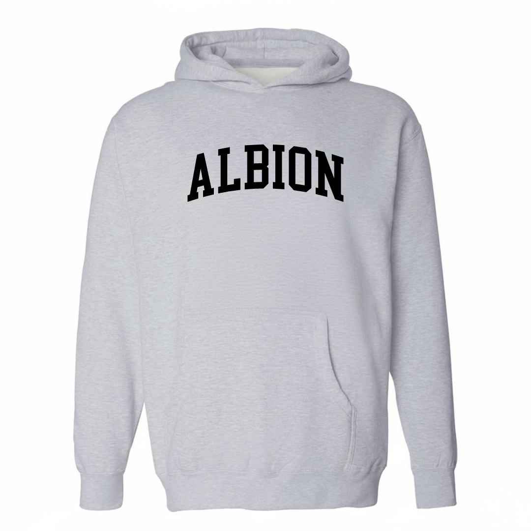 Heather-gray hoodie with the Albion varsity arched lettering design on the chest.