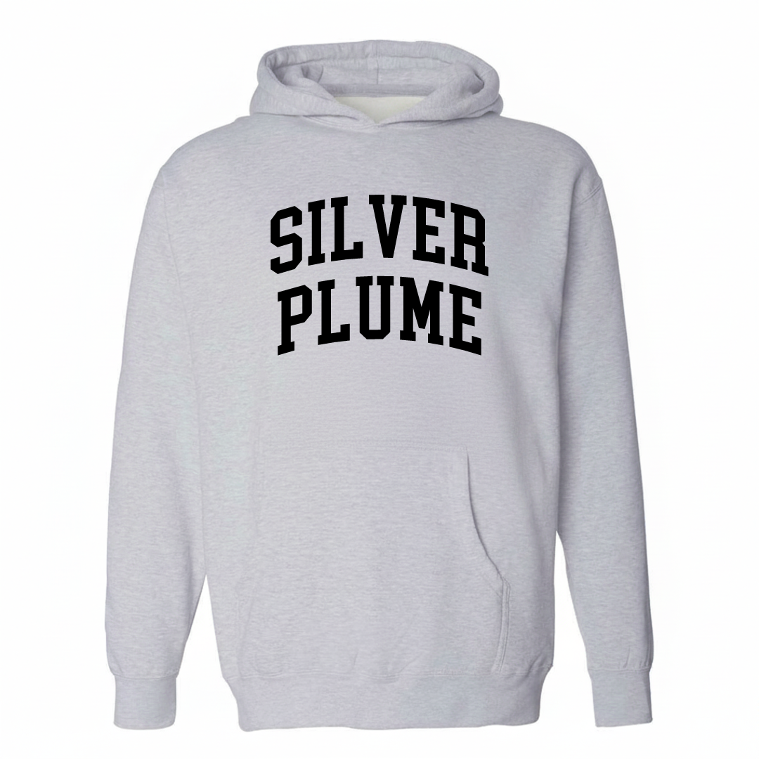 Heather-gray hoodie with the Silver Plume varsity arched lettering design on the chest.