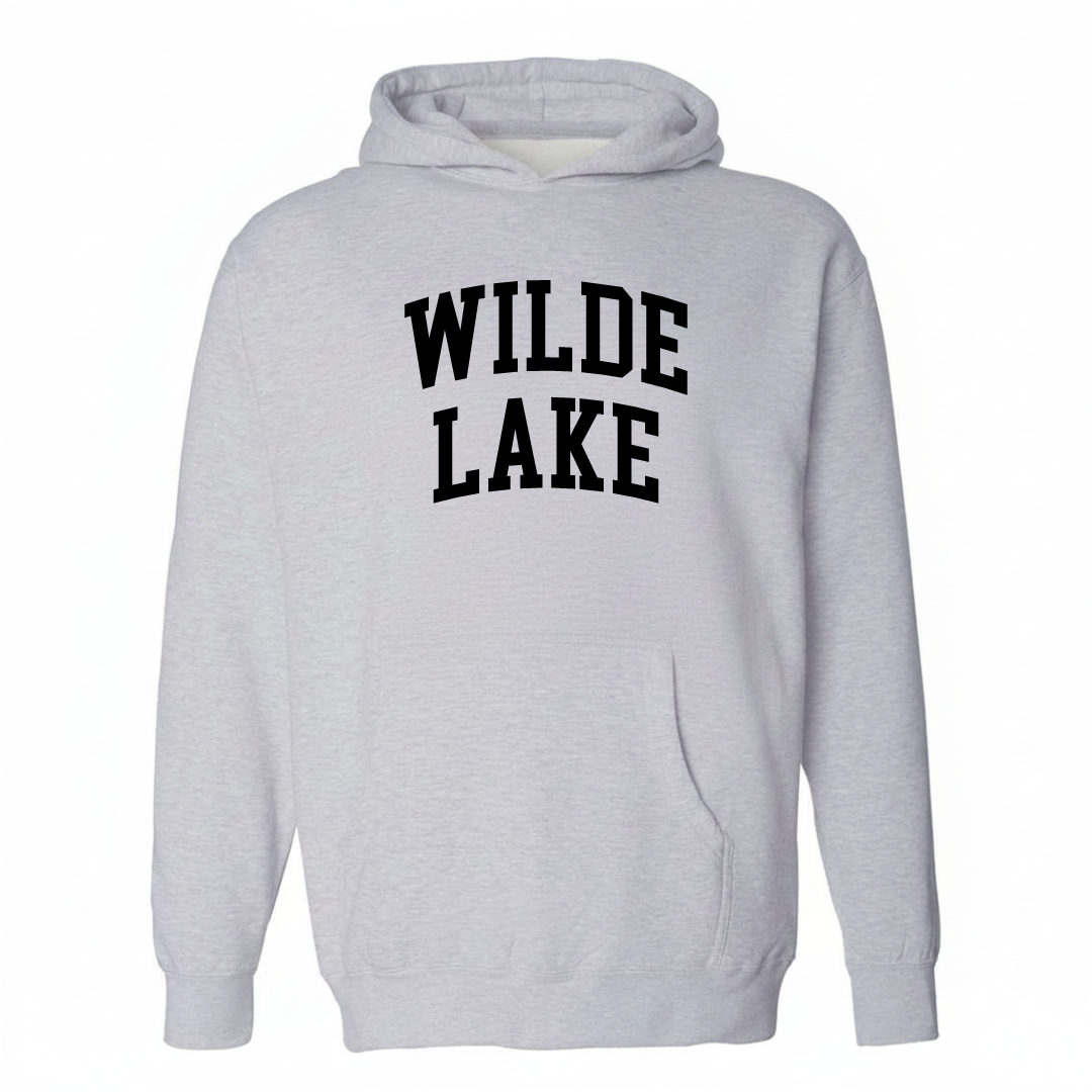 Heather-gray hoodie with the Wilde Lake varsity arched lettering design on the chest.