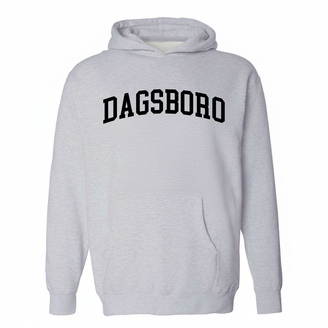 Heather-gray hoodie with the Dagsboro varsity arched lettering design on the chest.