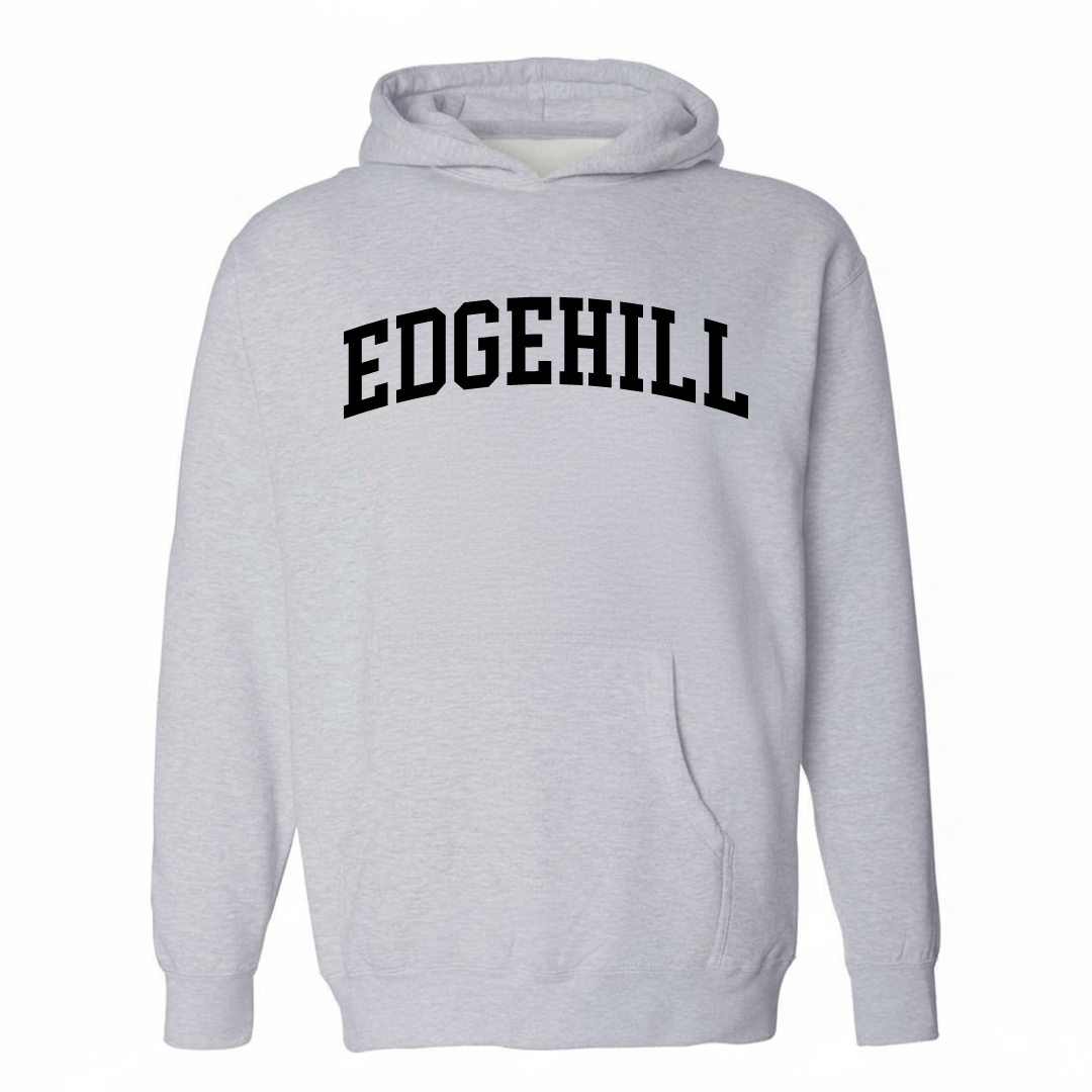 Heather-gray hoodie with the Edgehill varsity arched lettering design on the chest.