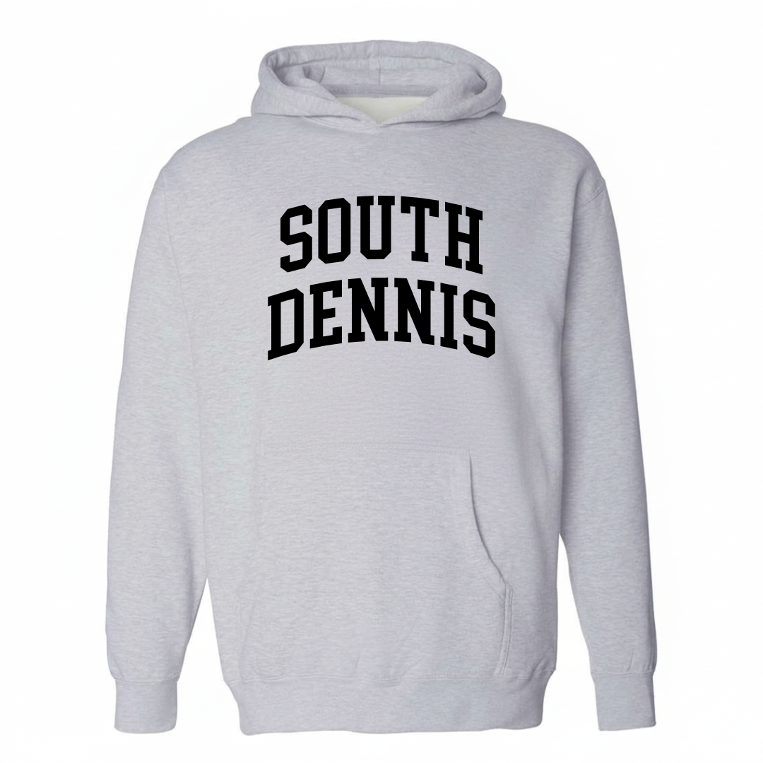Heather-gray hoodie with the South Dennis varsity arched lettering design on the chest.