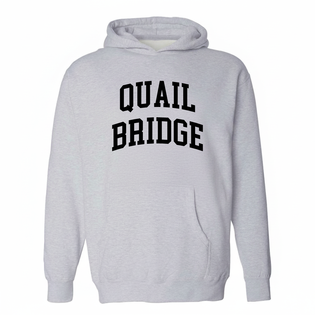 Heather-gray hoodie with the Quail Bridge varsity arched lettering design on the chest.