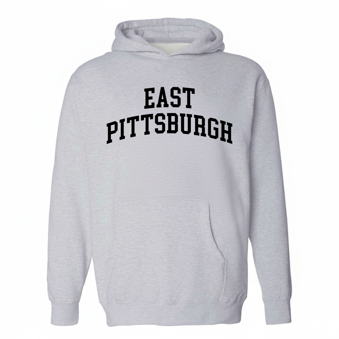 Heather-gray hoodie with the East Pittsburgh varsity arched lettering design on the chest.