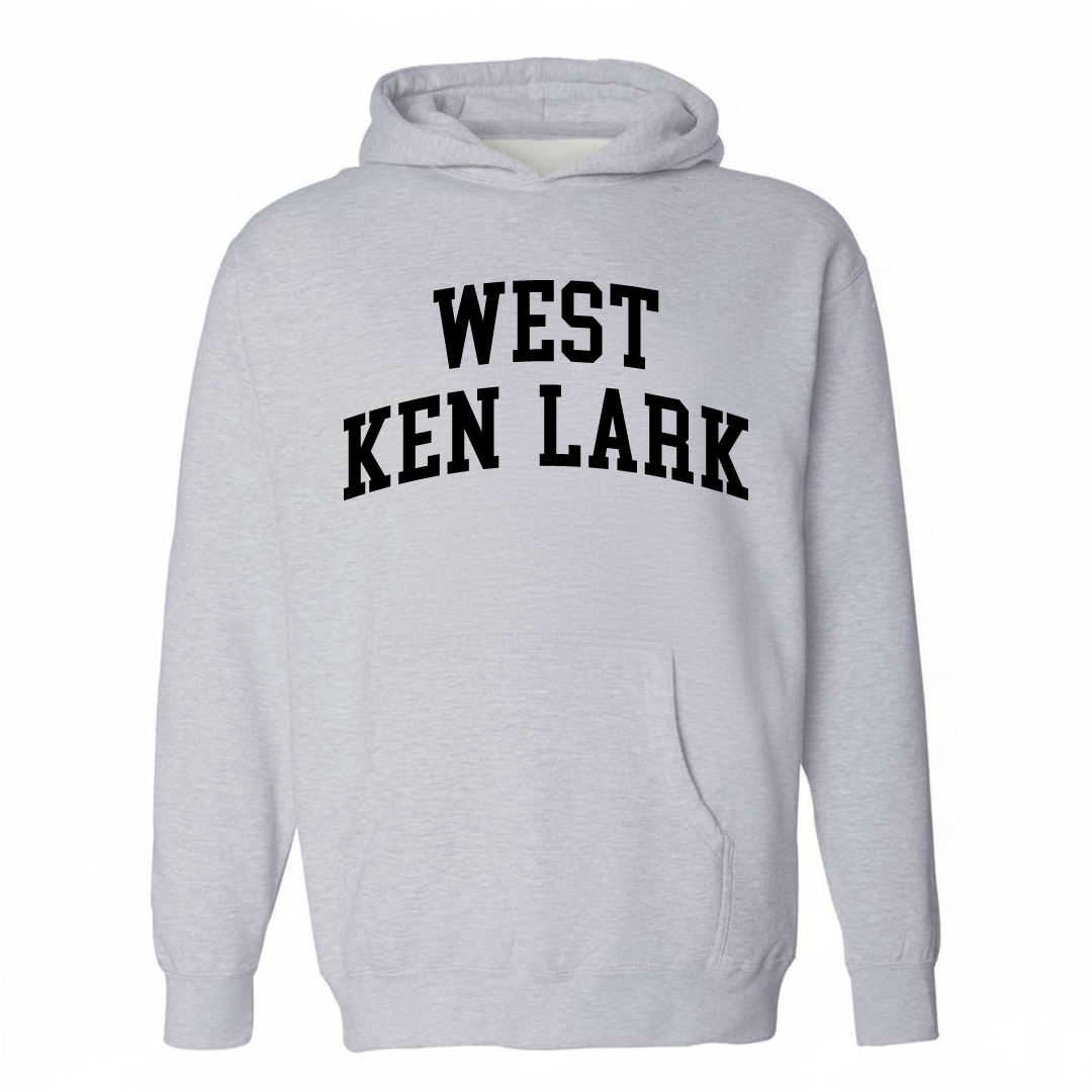 Heather-gray hoodie with the West Ken-Lark varsity arched lettering design on the chest.