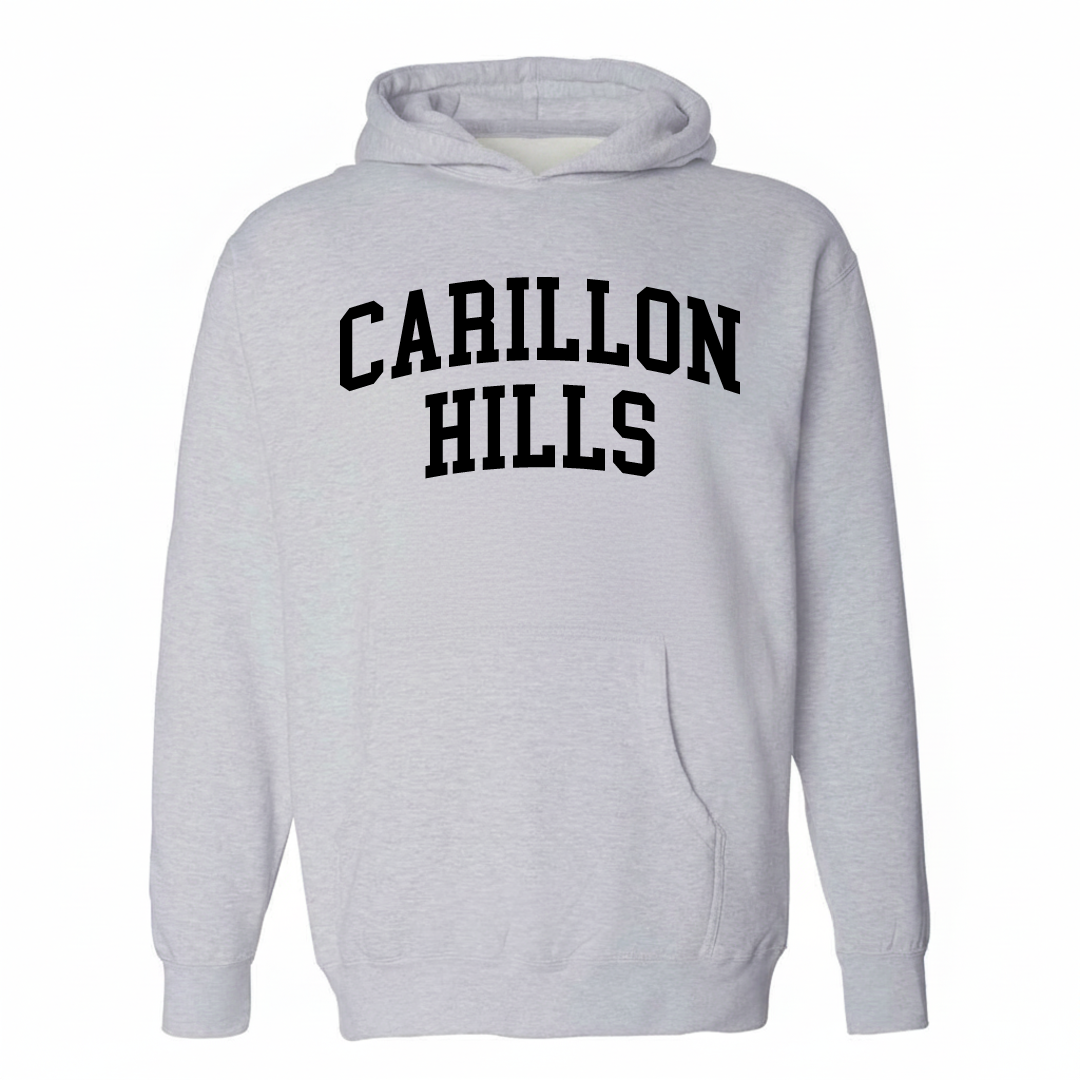 Heather-gray hoodie with the Carillon Hills varsity arched lettering design on the chest.