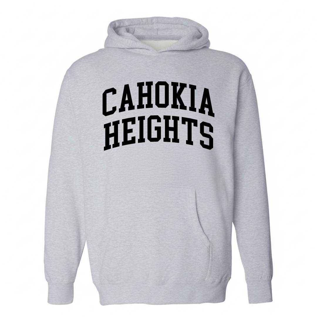 Heather-gray hoodie with the Cahokia Heights varsity arched lettering design on the chest.