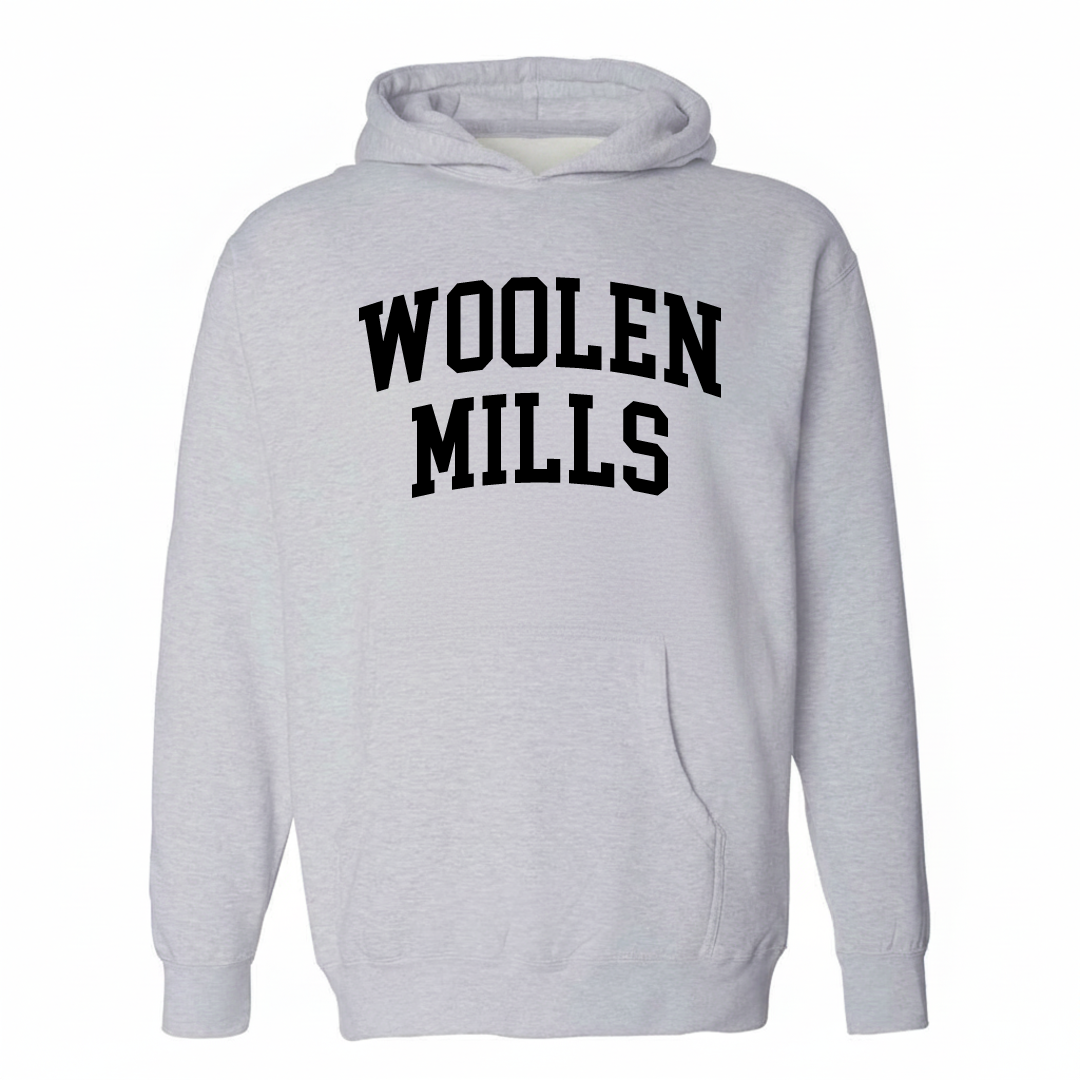Heather-gray hoodie with the Woolen Mills varsity arched lettering design on the chest.