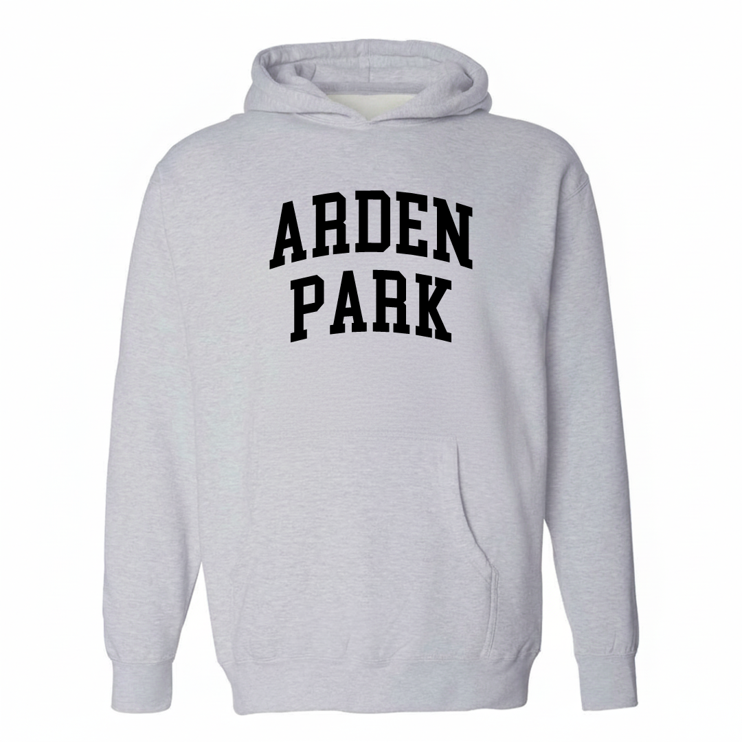 Heather-gray hoodie with the Arden Park arched varsity lettering design on the chest.