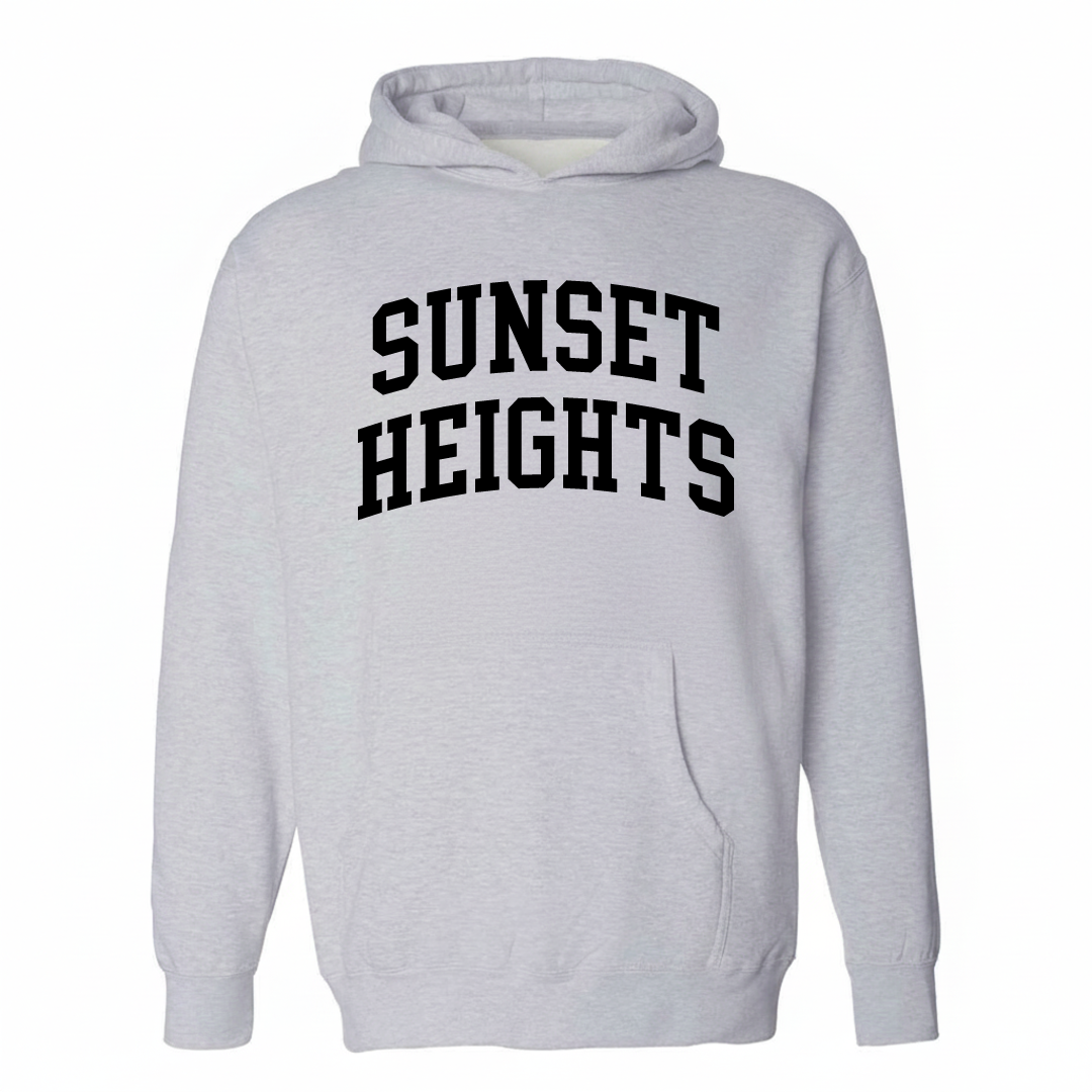 Heather-gray hoodie with the Sunset Heights varsity arched lettering design on the chest.