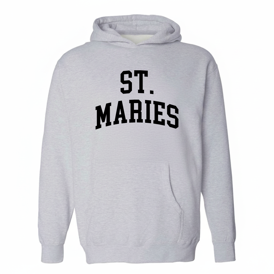 Heather-gray hoodie with the St. Maries varsity arched lettering design on the chest.