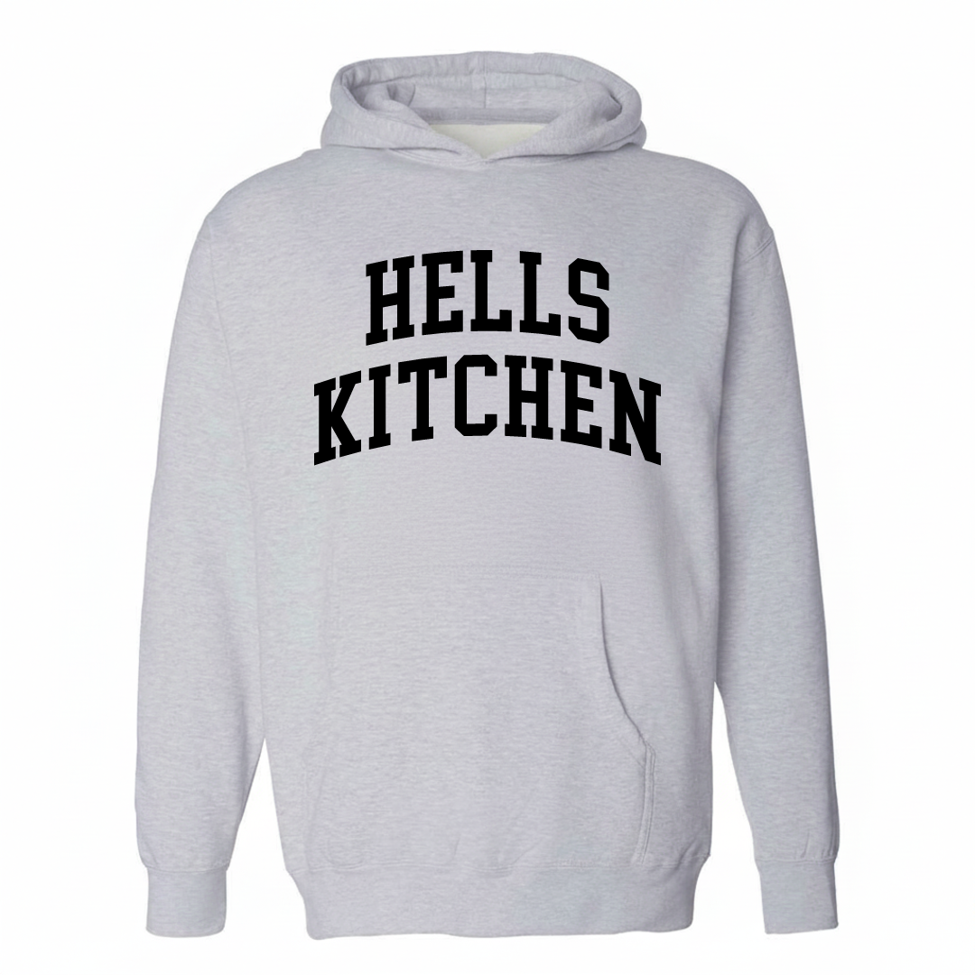 Heather-gray hoodie with the Hell's Kitchen arched lettering varsity-collegiate design on the chest.