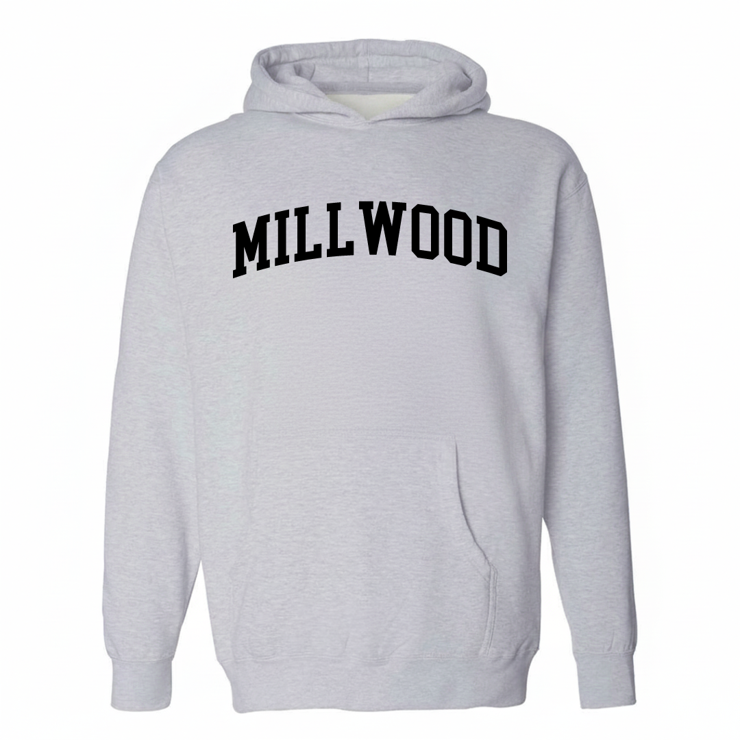 Heather-gray hoodie with the Millwood varsity arched lettering design on the chest.