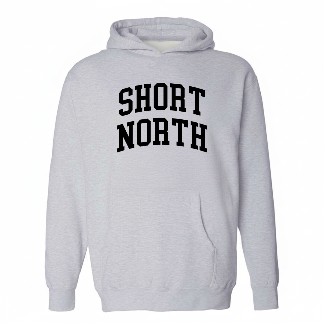 Heather-gray hoodie with the Short North arched lettering varsity design on the chest.