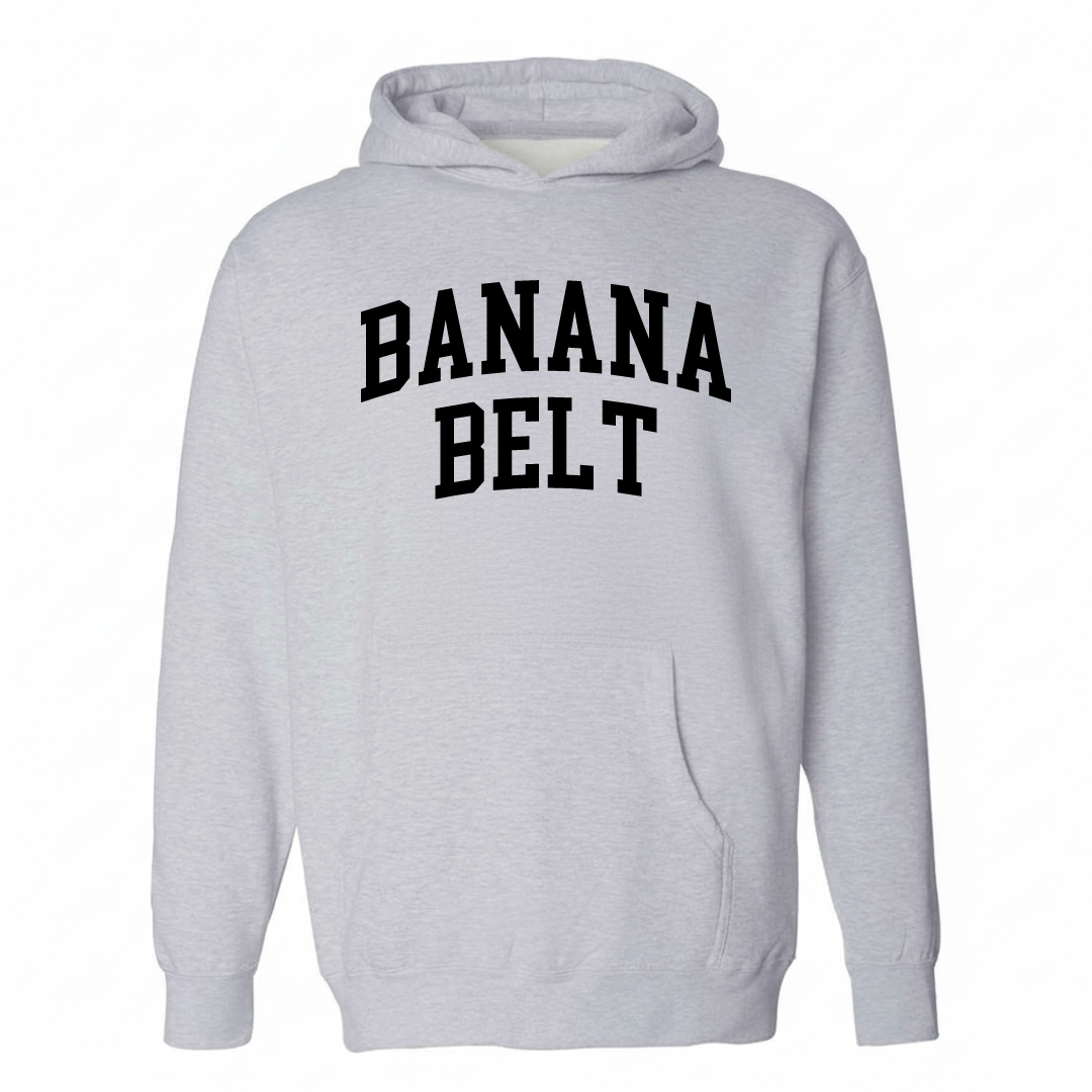 Heather-gray hoodie with the Banana Belt Santa Cruz varsity arched lettering design on the chest.