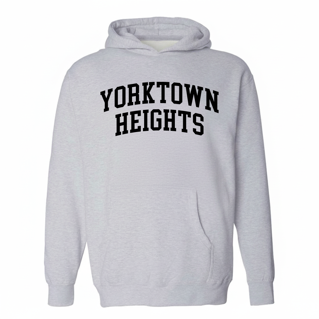 Heather-gray hoodie with the Yorktown Heights varsity arched lettering design on the chest.