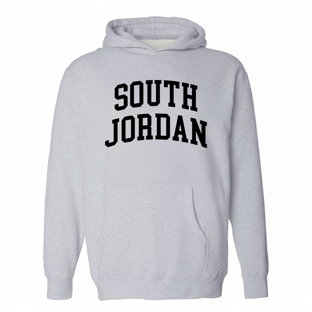 Heather-gray hoodie with the South Jordan varsity arched lettering design on the chest.