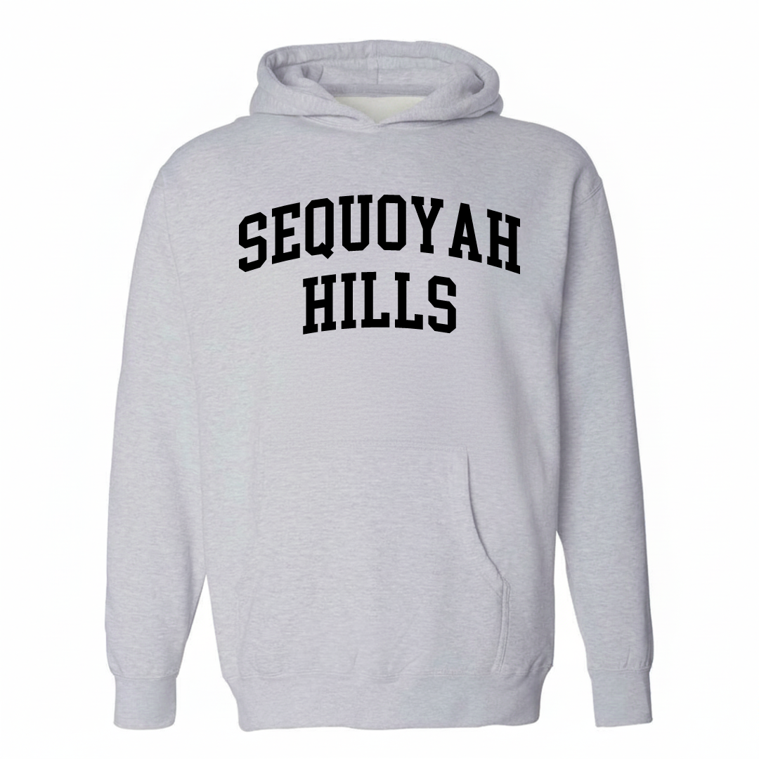 Heather-gray hoodie with the Sequoyah Hills varsity arched lettering design on the chest.