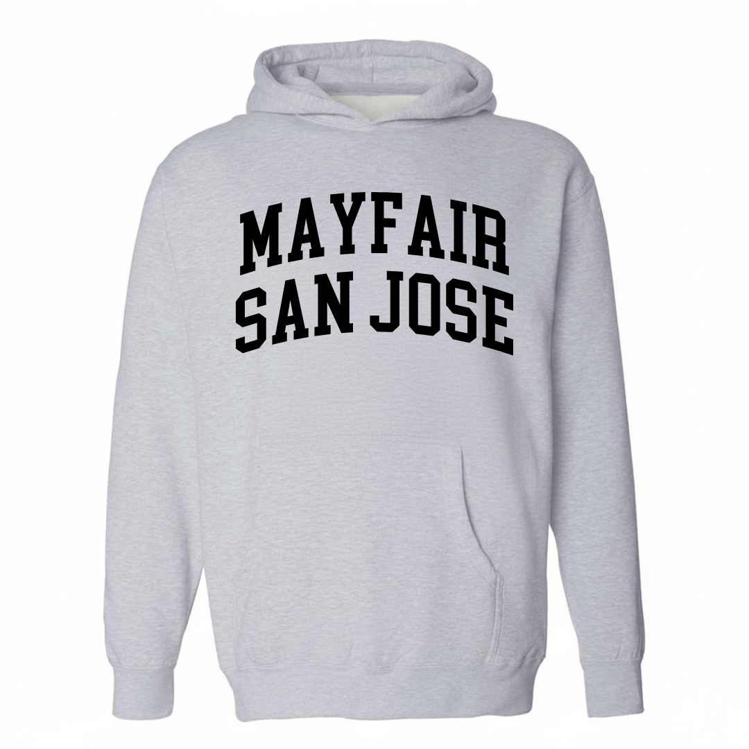 Heather-gray hoodie with the Mayfair San Jose arched lettering design on the chest.