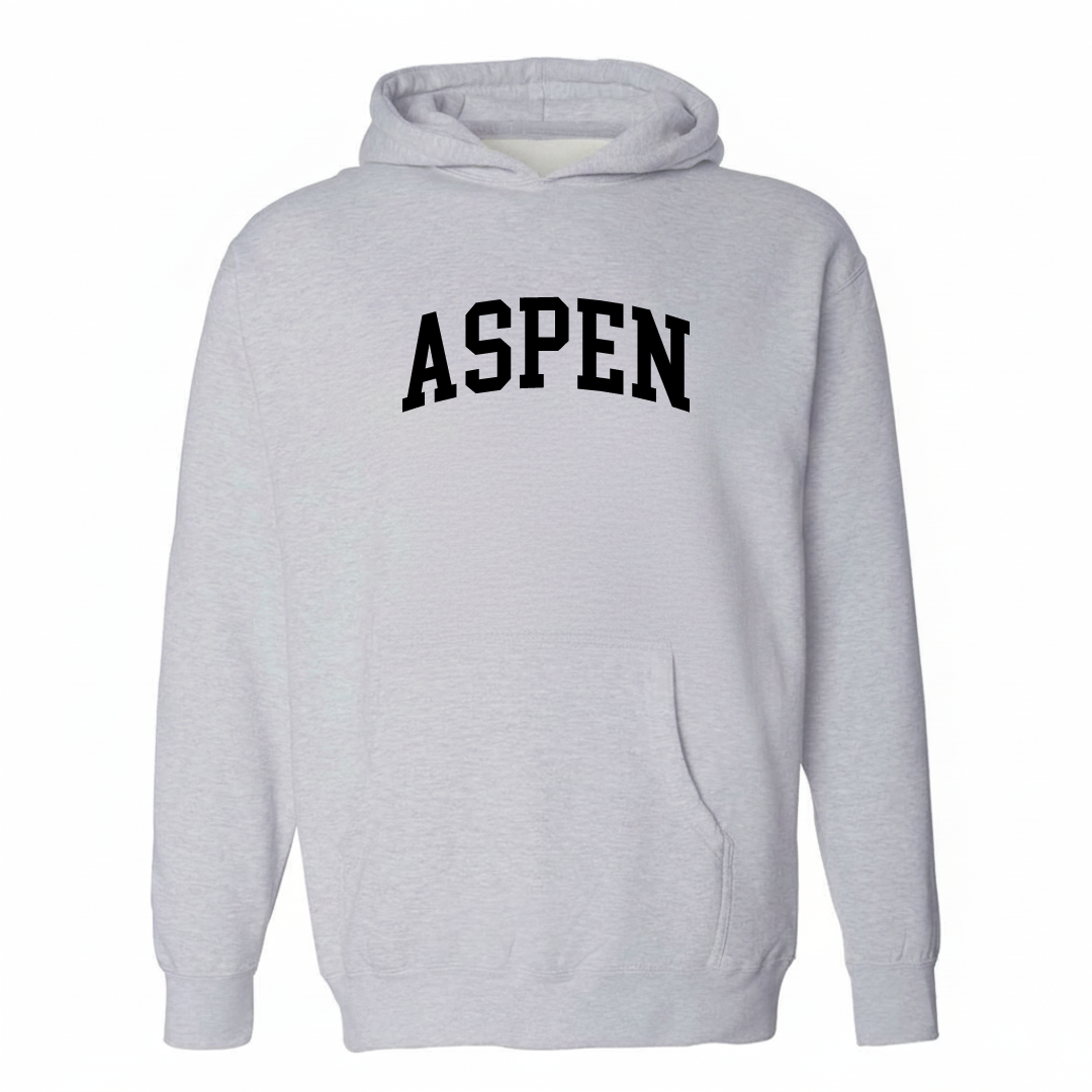Heather-gray hoodie with the Aspen varsity arched lettering design on the chest.