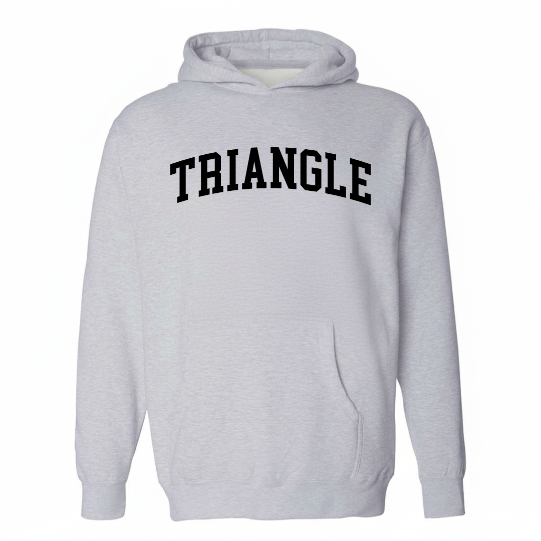 Heather-gray hoodie with the Triangle arched varsity lettering design on the chest.