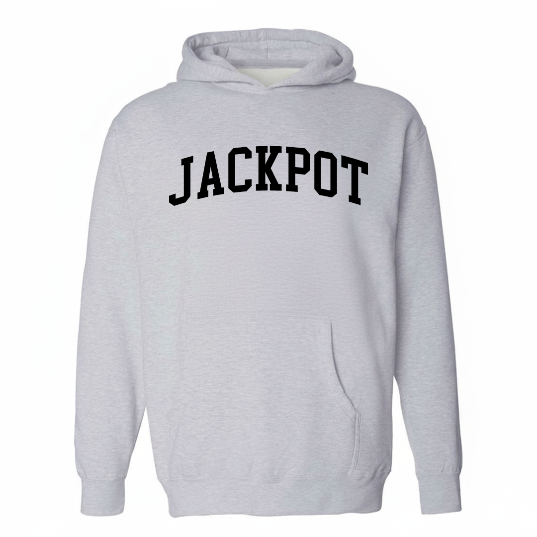 Heather-gray hoodie with the Jackpot arched varsity lettering design on the chest.