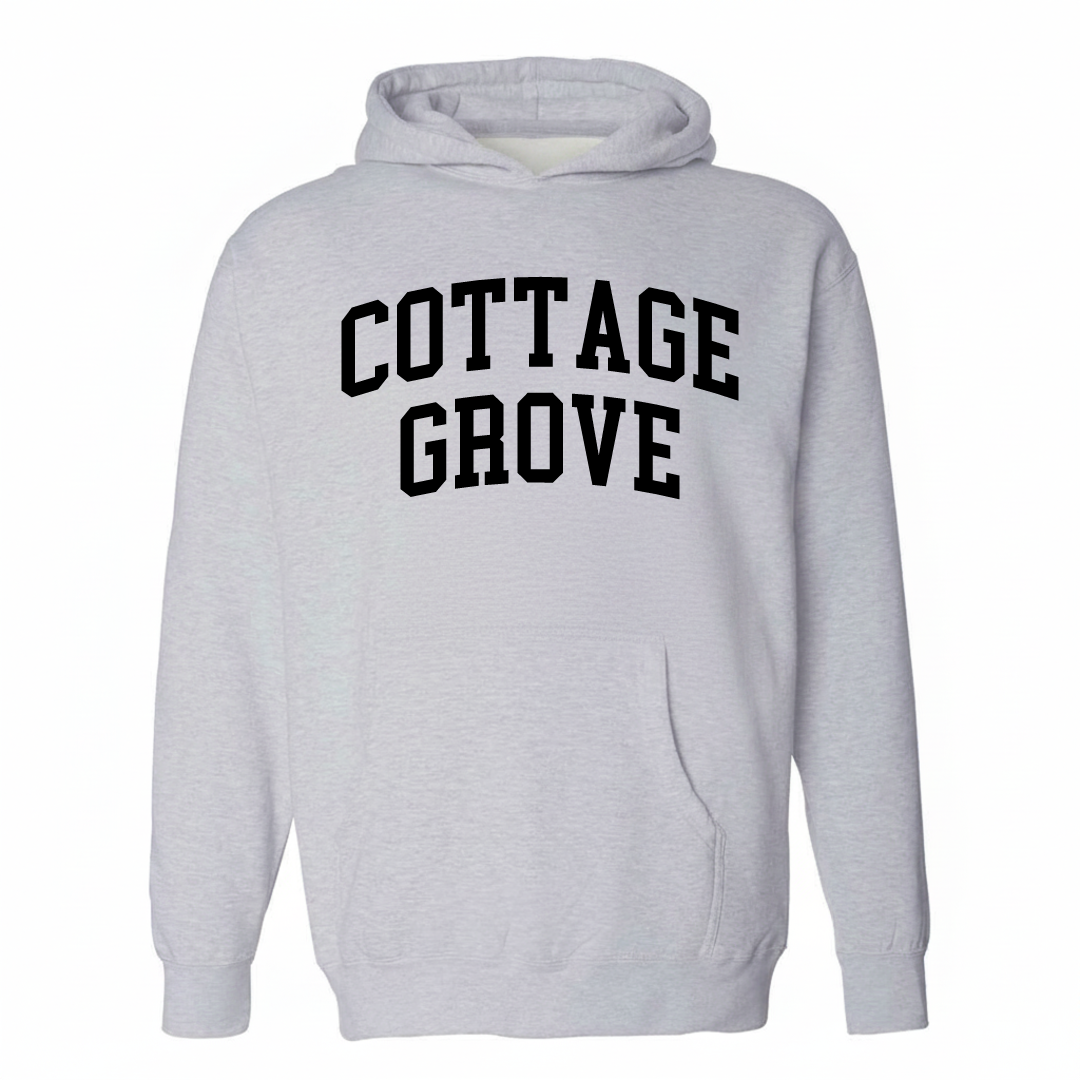 Heather-gray hoodie with the Cottage Grove varsity arched lettering design on the chest.
