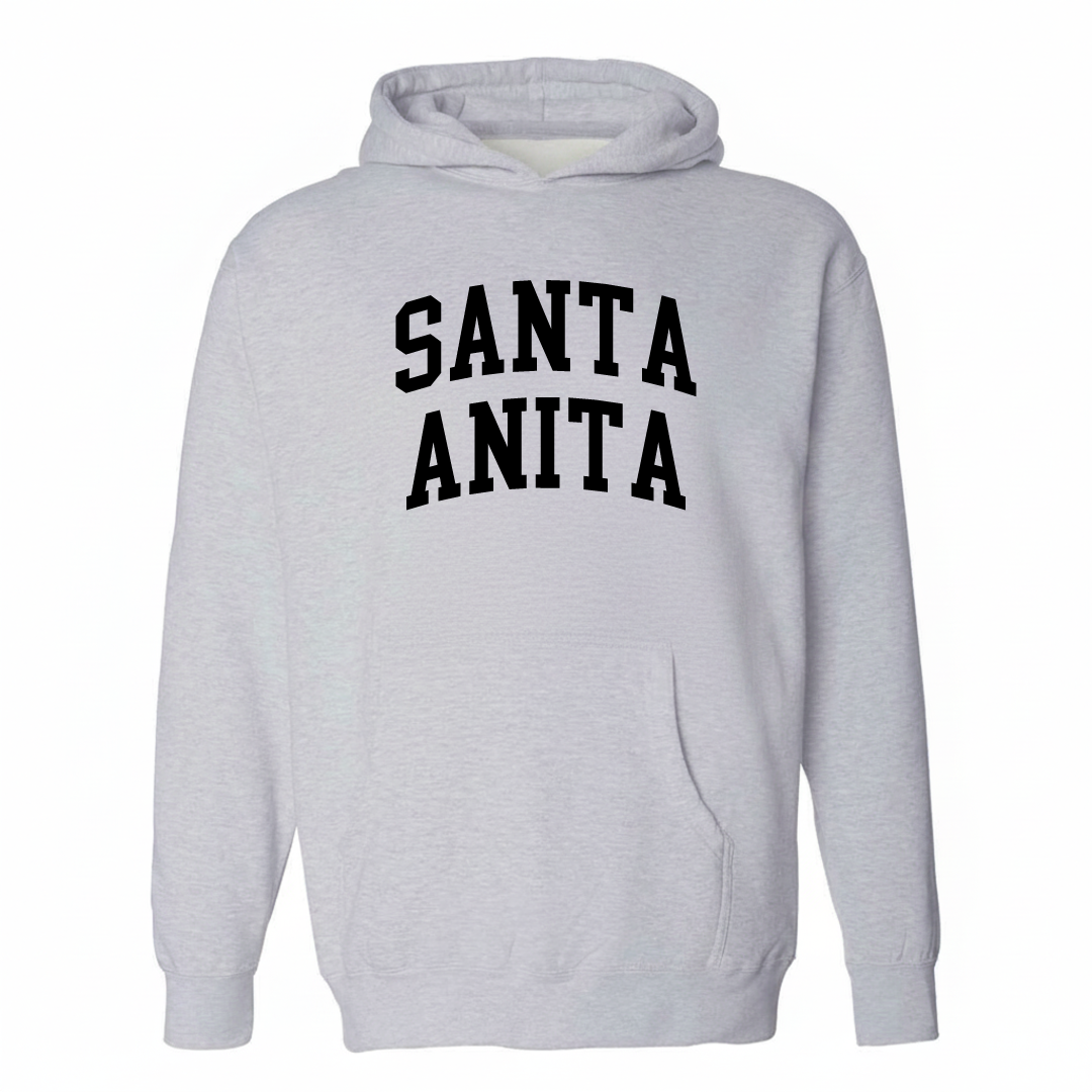 Heather-gray hoodie with the Santa Anita varsity arched lettering design on the chest.