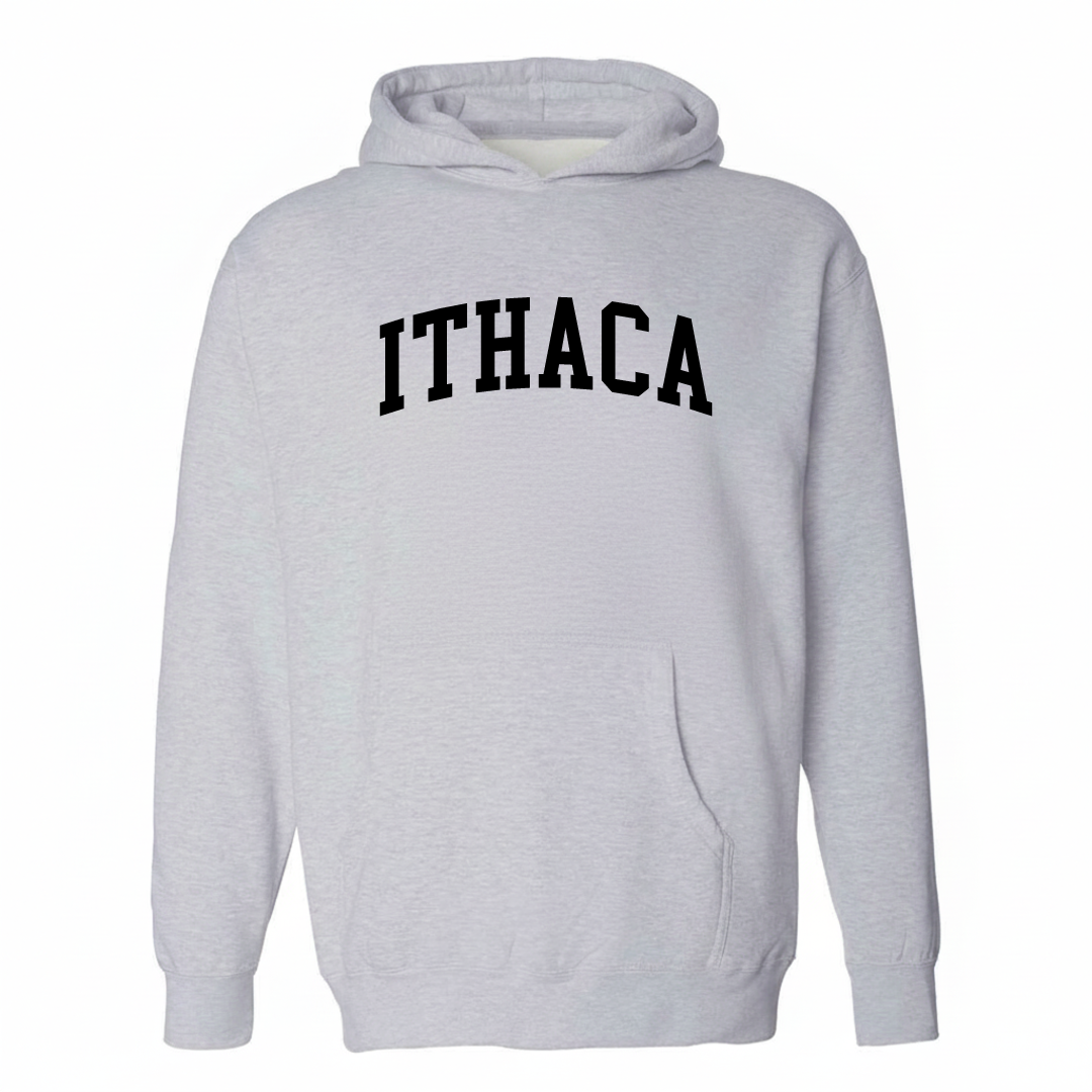 Heather-gray hoodie with the Ithaca varsity arched lettering design on the chest.