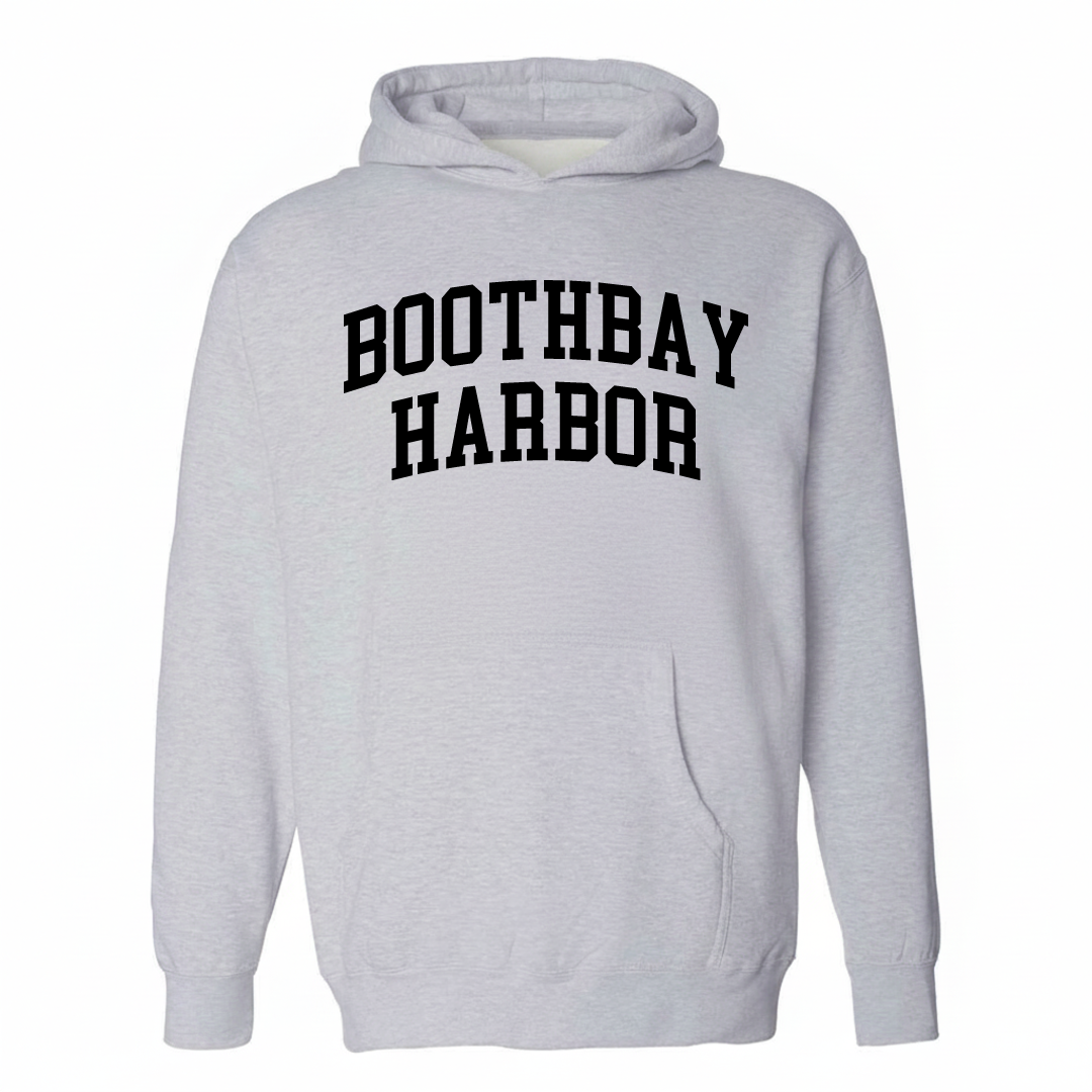 Heather-gray hoodie with the Boothbay Harbor varsity arched lettering design on the chest.