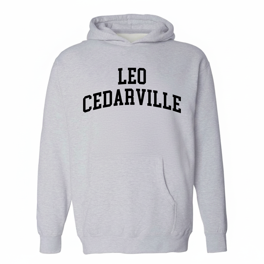 Heather-gray hoodie with the Leo-Cedarville varsity arched lettering design on the chest.