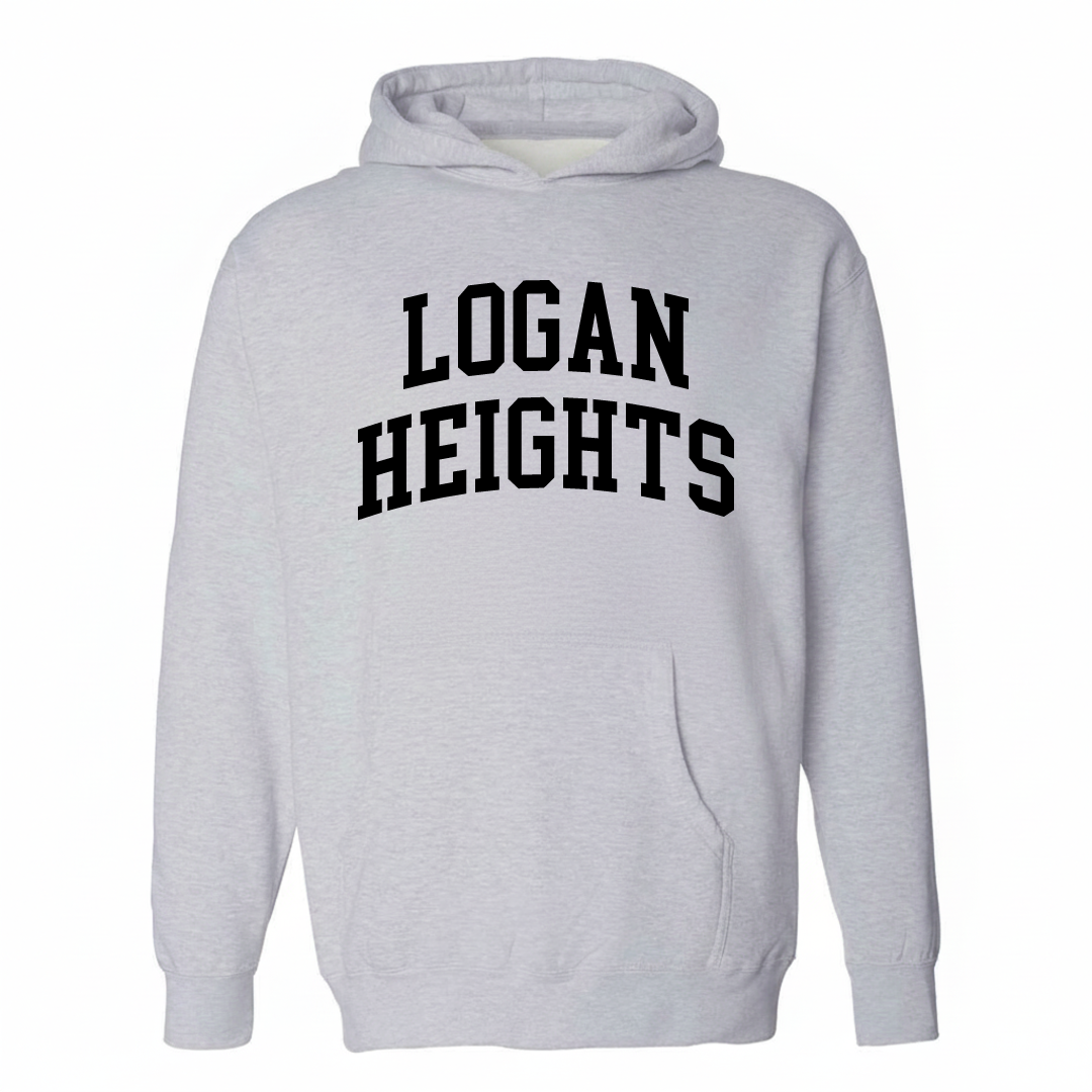 Heather-gray hoodie with the Logan Heights varsity arched lettering design on the chest.