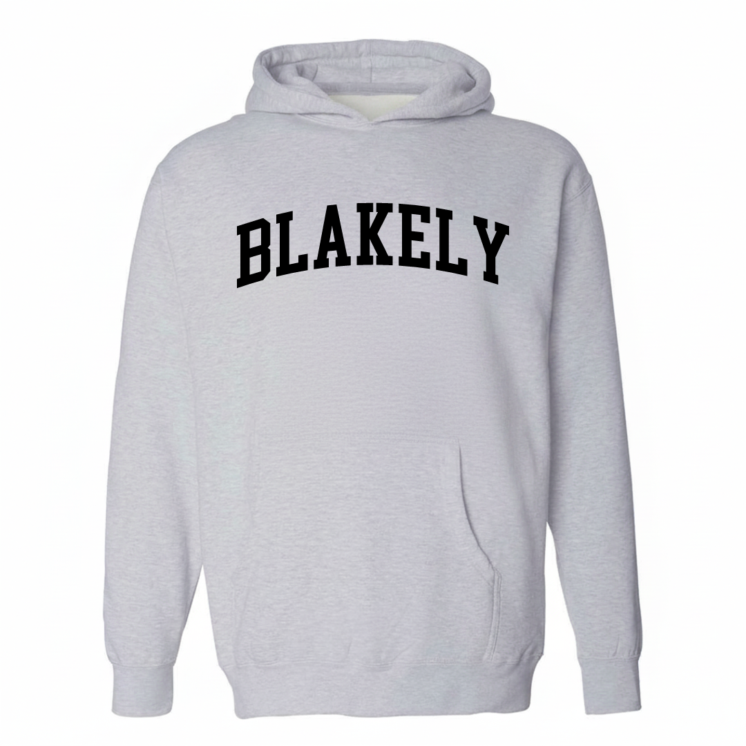 Heather-gray hoodie with the Blakely arched varsity lettering design on the chest.