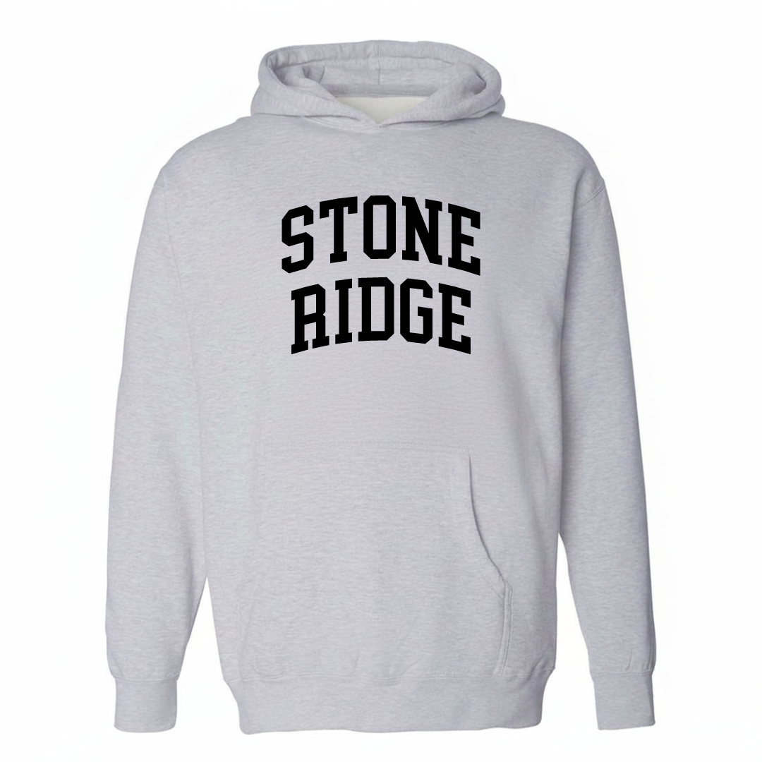 Heather-gray hoodie with the Stone Ridge arched lettering design on the chest.