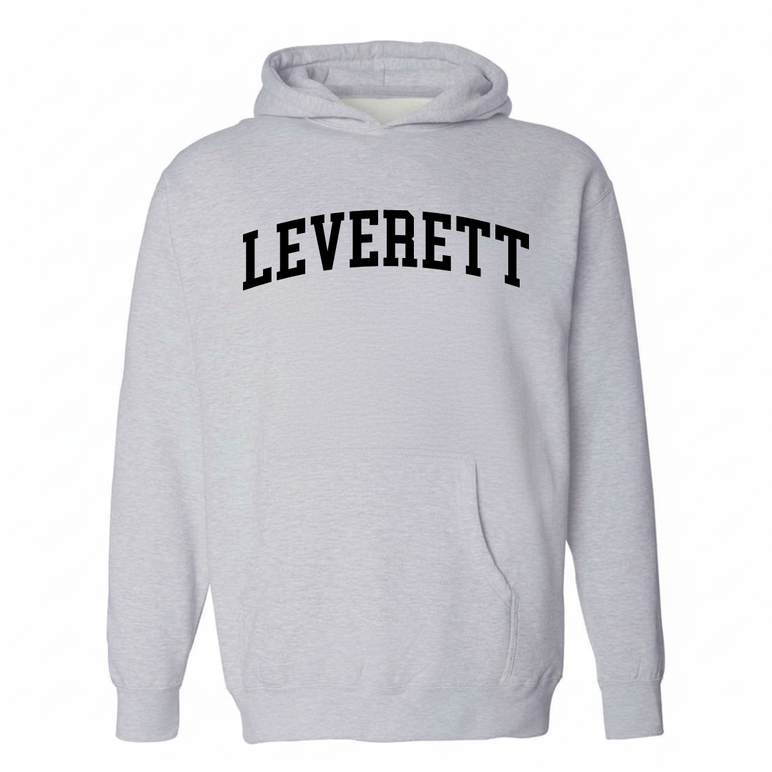 Heather-gray hoodie with the Leverett varsity arched lettering design on the chest.