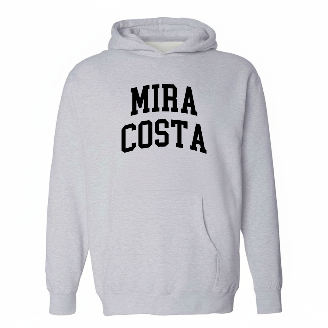 Heather-gray hoodie with the Mira Costa arched varsity lettering design on the chest.