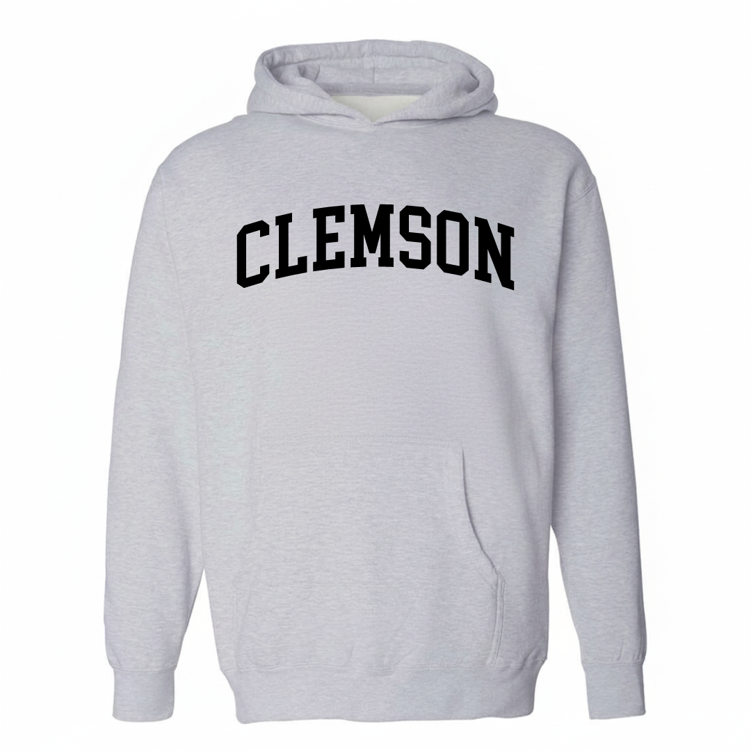 Heather-gray hoodie with the Clemson varsity arched lettering design on the chest.