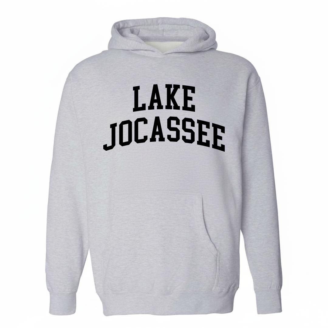 Heather-gray hoodie with the Lake Jocassee varsity arched lettering design on the chest.