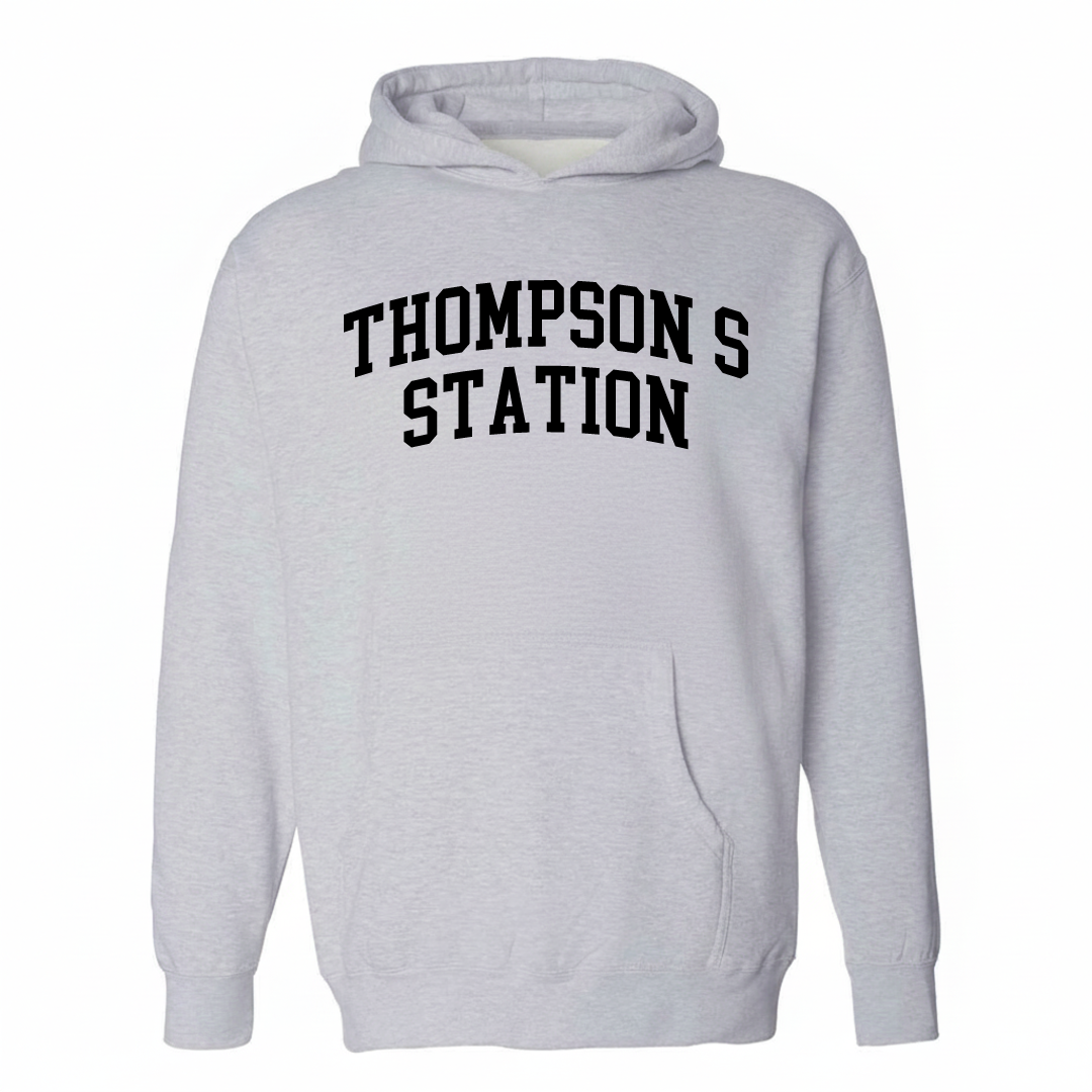 Heather-gray hoodie with the Thompson's Station varsity arched lettering design on the chest.
