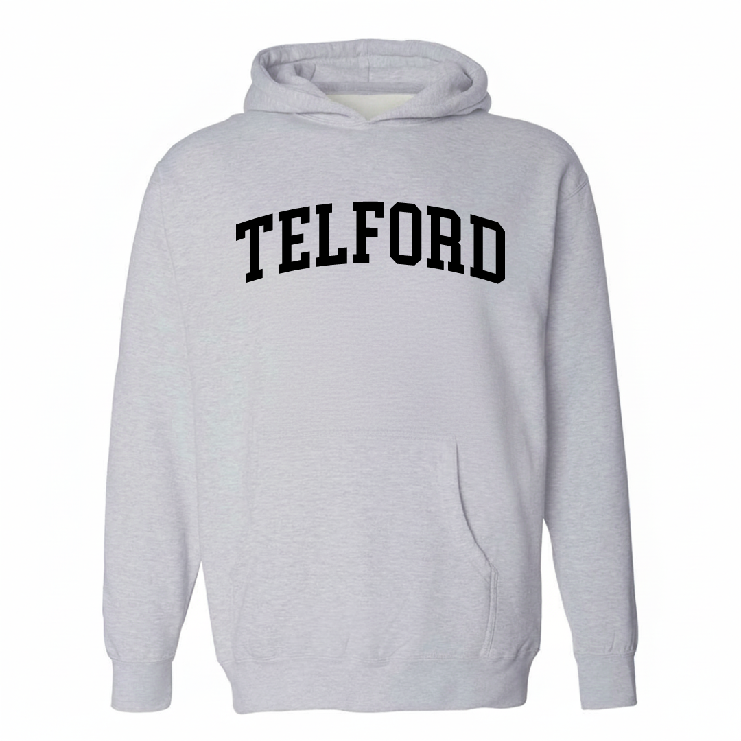 Heather-gray hoodie with the Telford arched varsity lettering design on the chest.