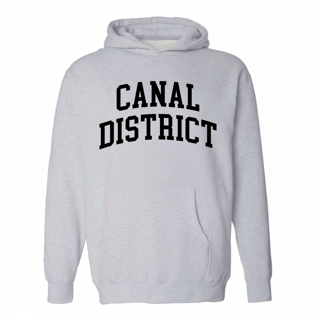 Heather-gray hoodie with the Canal District varsity arched lettering design on the chest.
