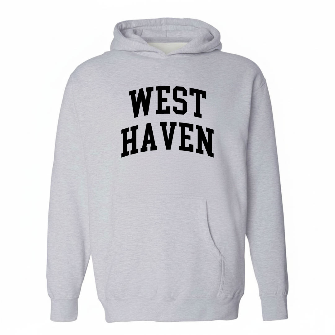Heather-gray hoodie with the West Haven arched lettering varsity-collegiate design on the chest.