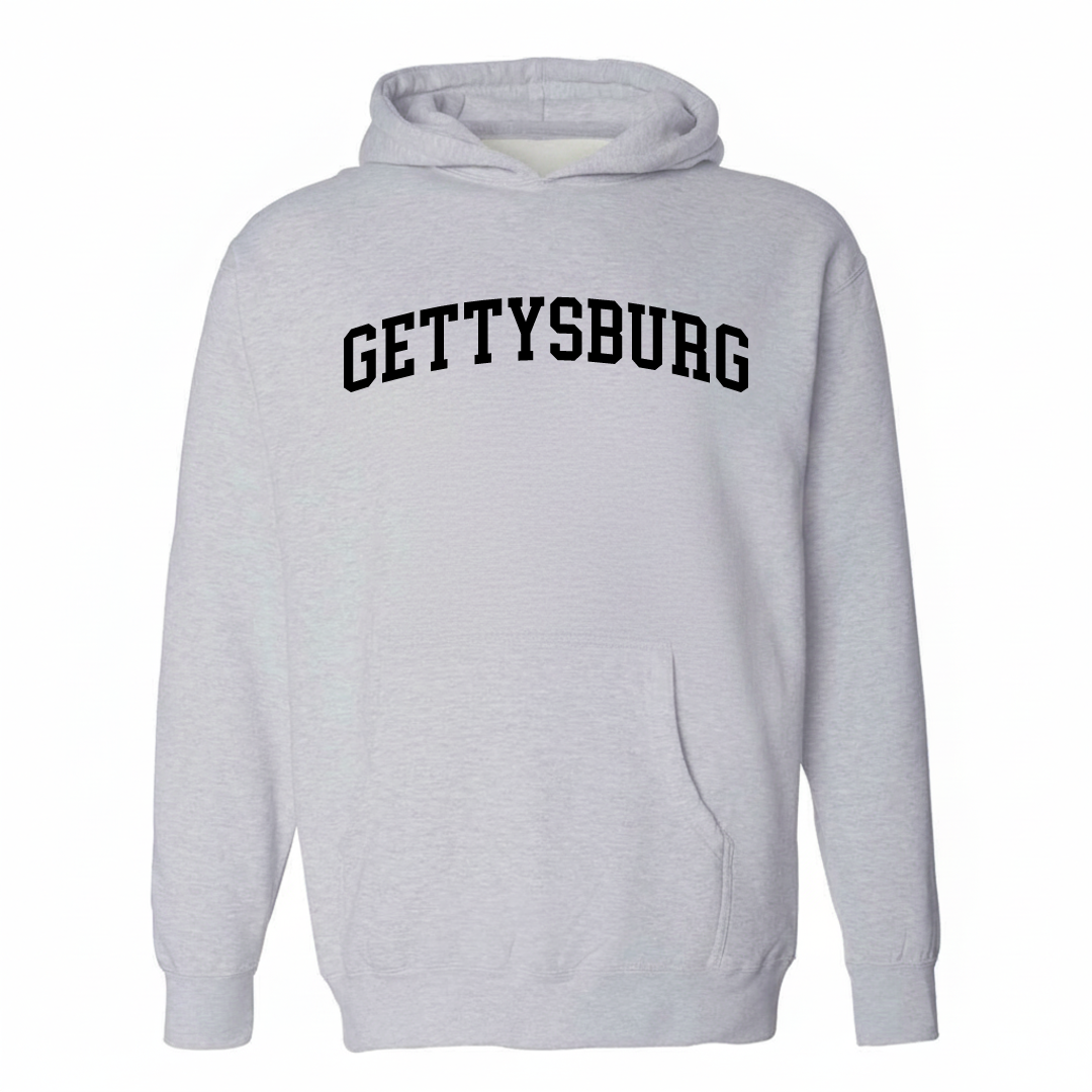 Heather-gray hoodie with the Gettysburg arched varsity lettering design on the chest.