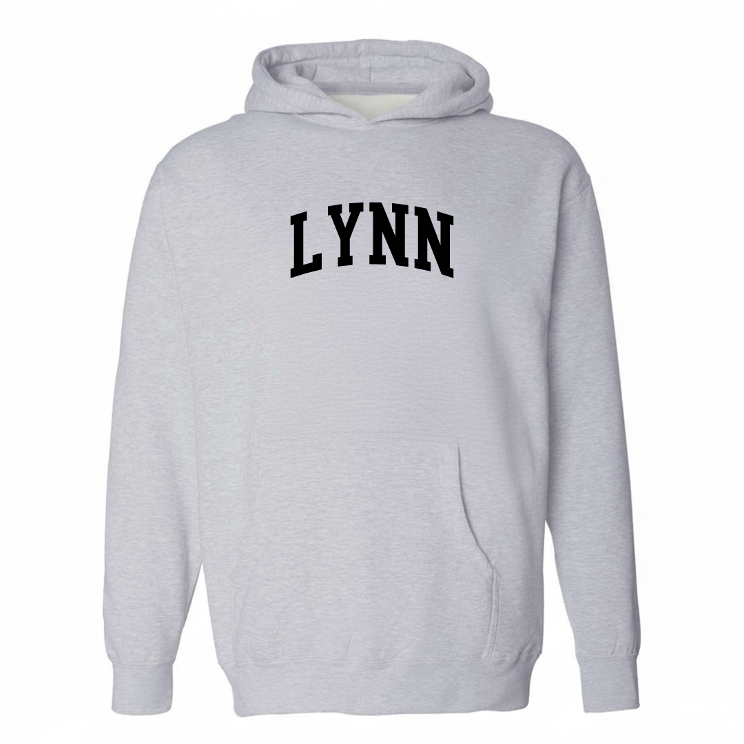 Heather-gray hoodie with the Lynn arched varsity lettering design on the chest.
