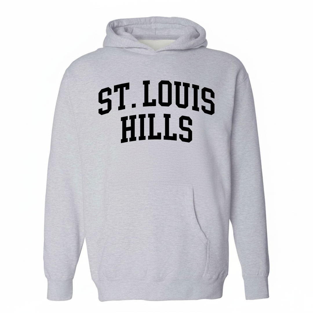 Heather-gray hoodie with the St. Louis Hills varsity arched lettering design on the chest.