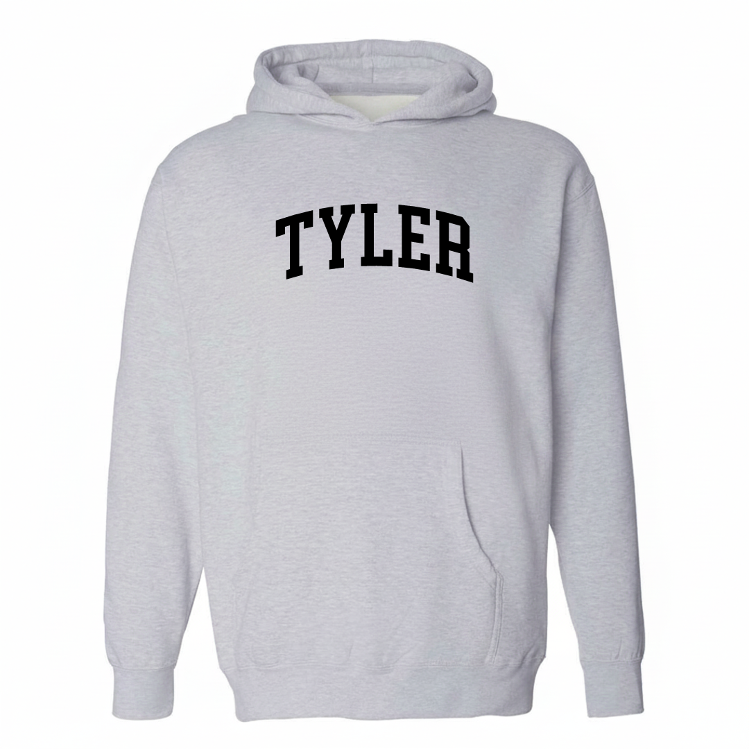 Heather-gray hoodie with the Tyler arched varsity lettering design on the chest.
