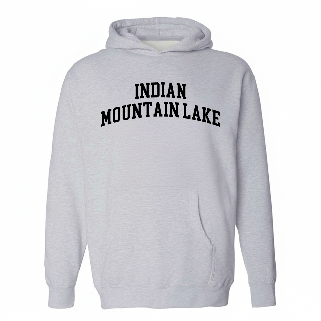 Heather-gray hoodie with the Indian Mountain Lake varsity arched lettering design on the chest.