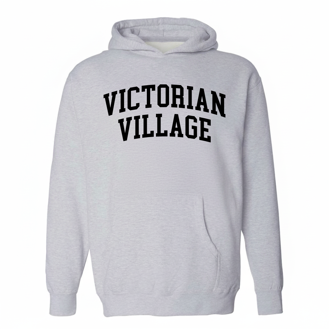 Heather-gray hoodie with the Victorian Village arched varsity lettering design on the chest.