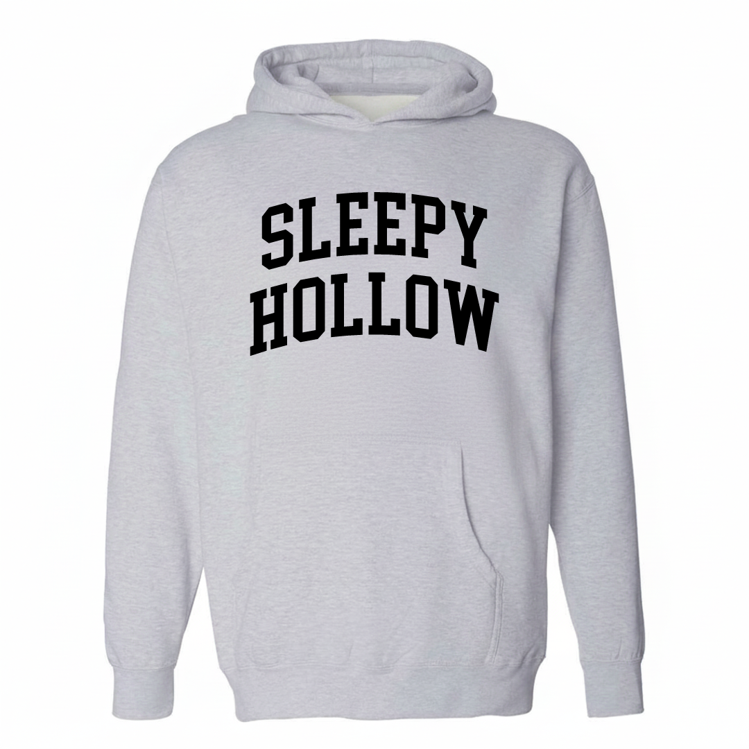 Heather-gray hoodie with the Sleepy Hollow varsity arched lettering design on the chest.