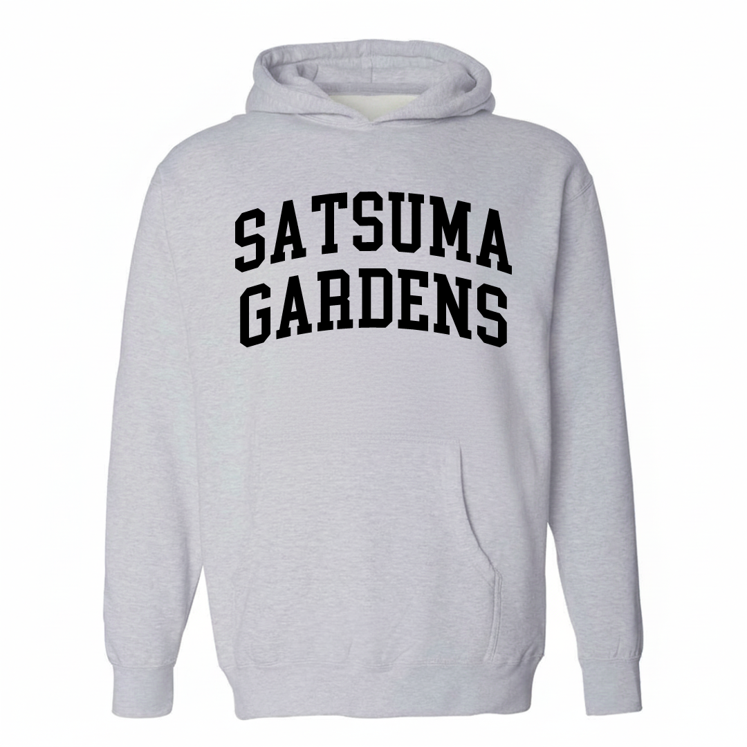 Heather-gray hoodie with the Satsuma Gardens varsity arched lettering design on the chest.